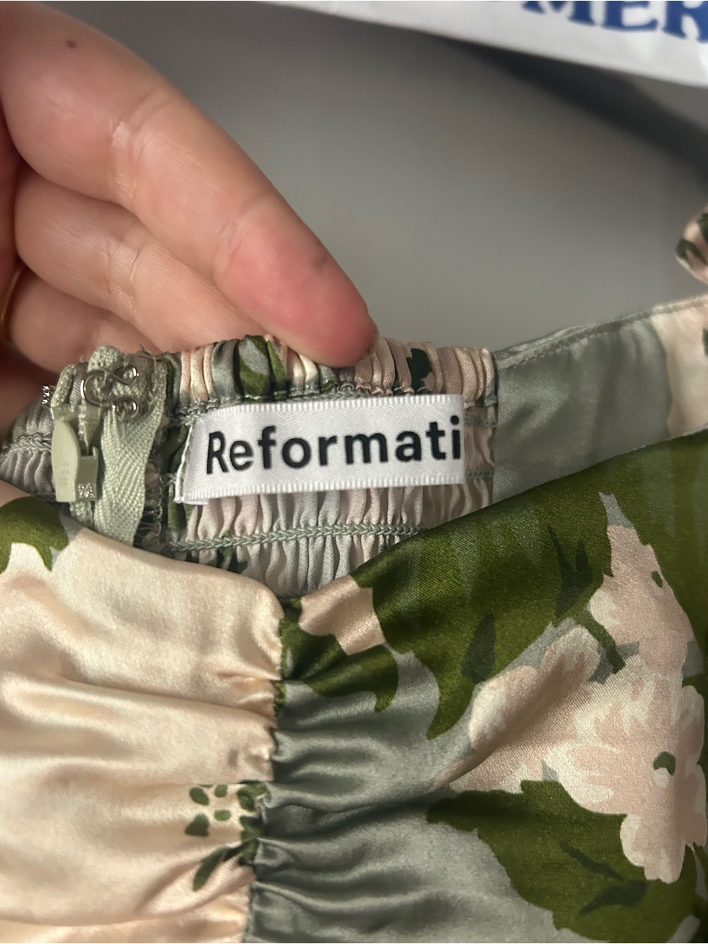 Reformation Sianna Off-Shoulder Silk Midi Dress- Tarragon - Picture 4 of 4